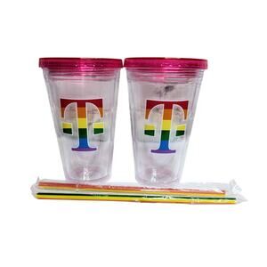 Lot of 2 T-Mobile Pride Rainbown LGBTQ 16oz Plasitc‎ Tumbler Cups with Straws